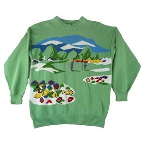 VTG‎ Tail Sweater Sz Large Golf Embroidered Graphic Hong Kong Mountains Flowers